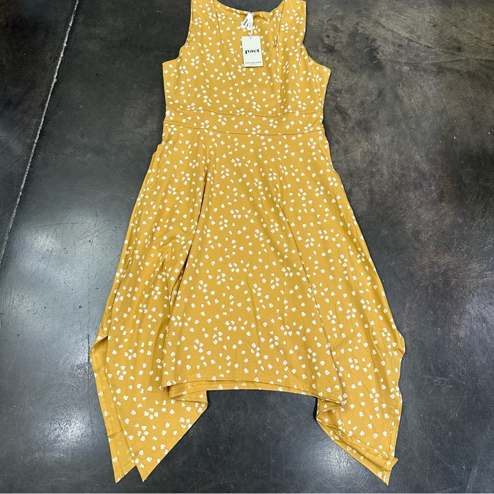 NWT Pact XL Mustard Yellow Organic Cotton Floral Print Handkerchief Dress